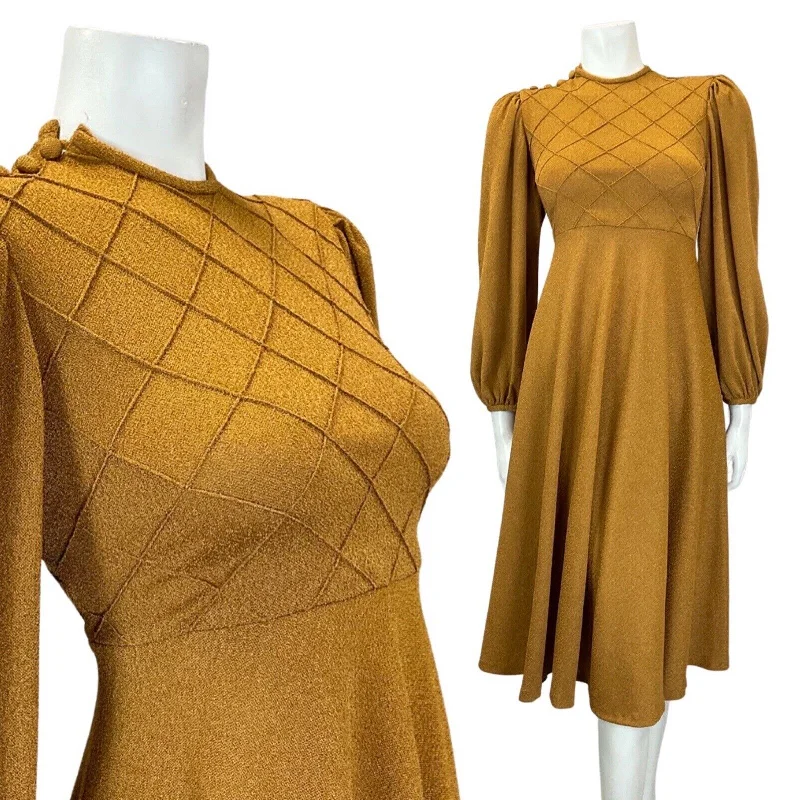 Limited Stock VTG 60s 70s OCHRE TAN BROWN DIAMOND BOHO MOD LONG SLEEVE SWING DRESS 8