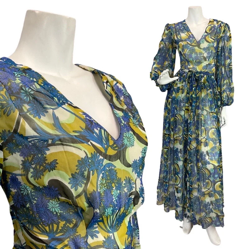 Act Fast VINTAGE 60s 70s BLUE GREEN GOLD PSYCHEDELIC FLORAL SWIRL SHEER MAXI DRESS 8 10