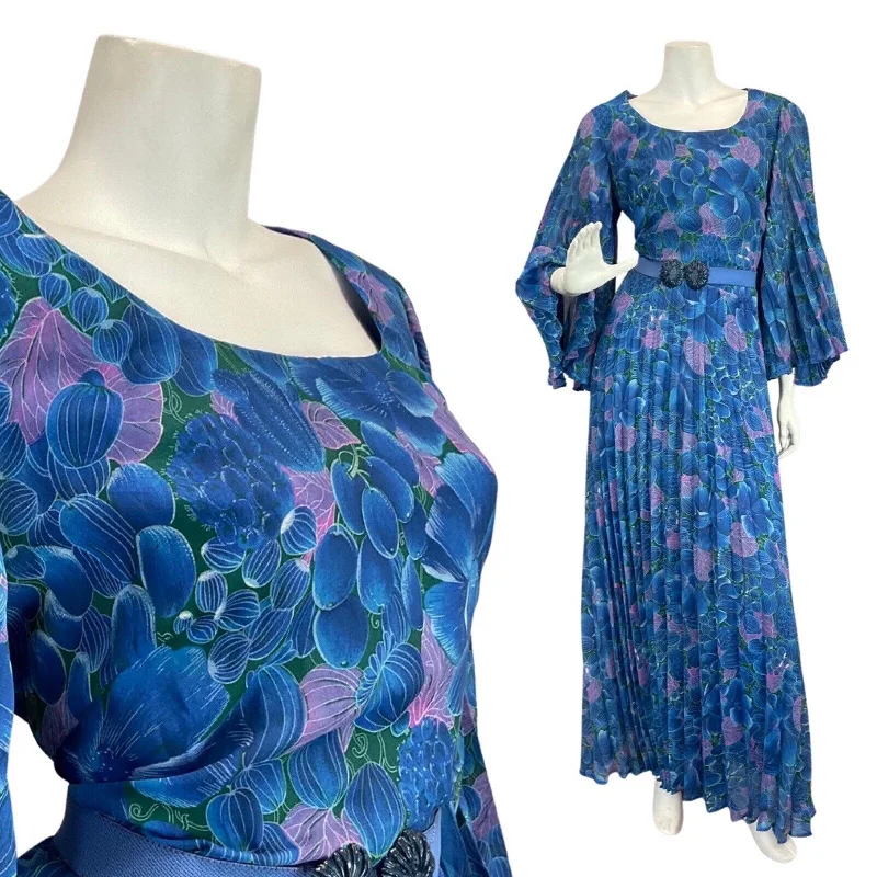 While Supplies Last VINTAGE 60s 70s BLUE PURPLE FLORAL LEAFY BOHO MOD PLEATED MAXI DRESS 12 14