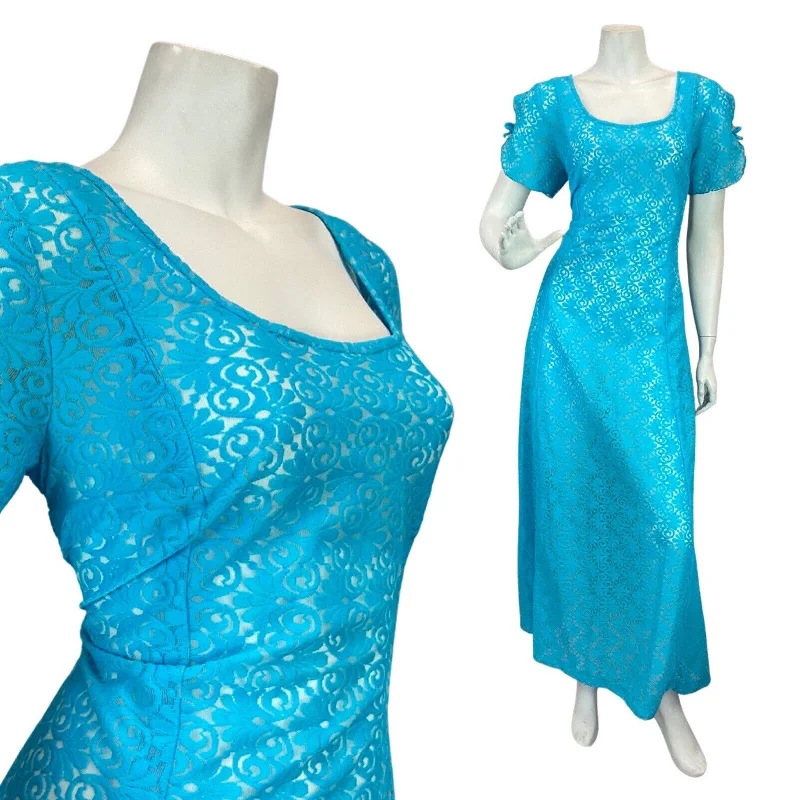 Grand Opening Sale VINTAGE 60s 70s BRIGHT BLUE FLORAL SWIRL BROCADE MOD BOHO MAXI DRESS 10