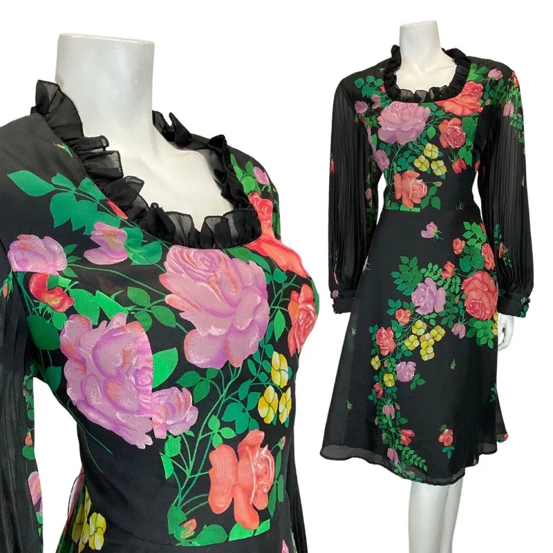 YEAR-End Sale VINTAGE 60s 70s BLACK GREEN LILAC FLORAL PLEATED LONGSLEEVE SWING DRESS 14 16