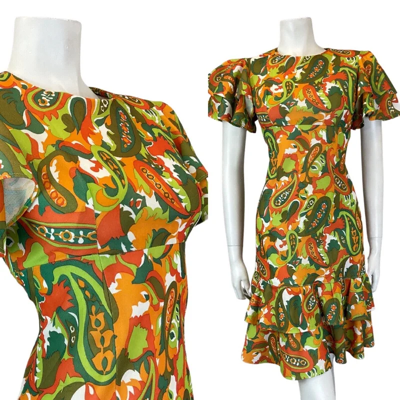 Price Rollback VINTAGE 60s 70s GREEN ORANGE PSYCHEDELIC PAISLEY FLORAL RUFFLED DRESS 8 10