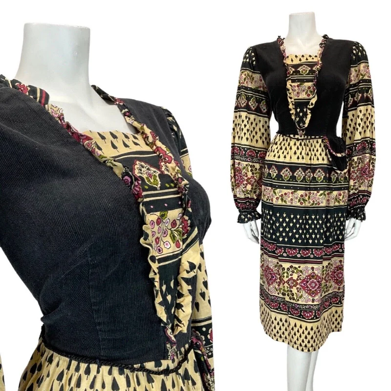 Markdowns VINTAGE 70s CREAM BLACK FLORAL BOHO PRAIRIE FOLK CORUROY KNEE-LENGTH DRESS 12 14