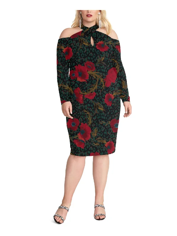 Buy Now RACHEL ROY Womens Cold Shoulder Printed Long Sleeve Halter Knee Length Evening Sheath Dress