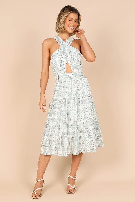 Year-End Clearance Georgian Halter Neck Midi Dress - Blue Check