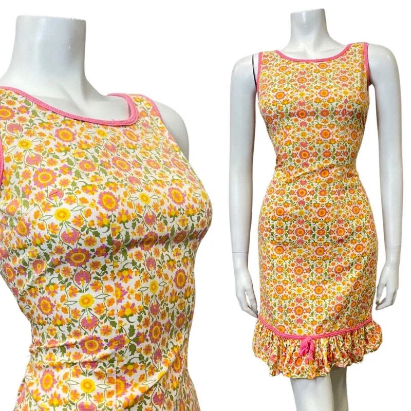 Amazing Deals VINTAGE 60s 70s ORANGE PINK WHITE DITSY FLOWER SLEEVELESS MOD MINI DRESS 8 10