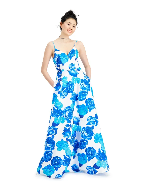 Deal of the Day CITY STUDIO Womens Floral Spaghetti Strap V Neck Full-Length Formal Fit + Flare Dress