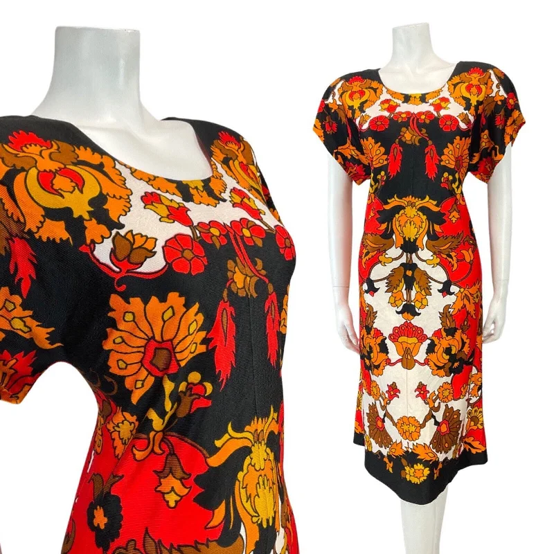 Can't Miss VINTAGE 60s 70s BLACK RED WHITE PSYCHEDELIC FLORAL MOD KNEE-LENGTH DRESS 14