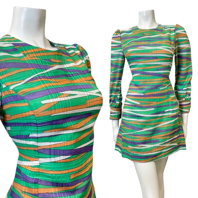 Closeout VINTAGE 60s 90s GREEN PURPLE ORANGE STRIPED LONGSLEEVE MOD MINI DRESS 8 10