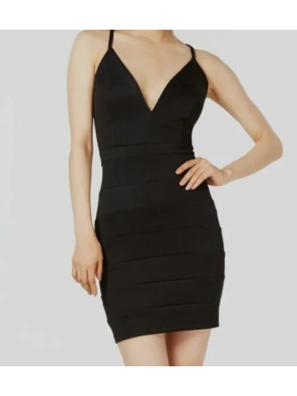 Sale Event EMERALD SUNDAE Womens Black Stretch Ruched Deep V-back Spaghetti Strap Sweetheart Neckline Short Party Body Con Dress
