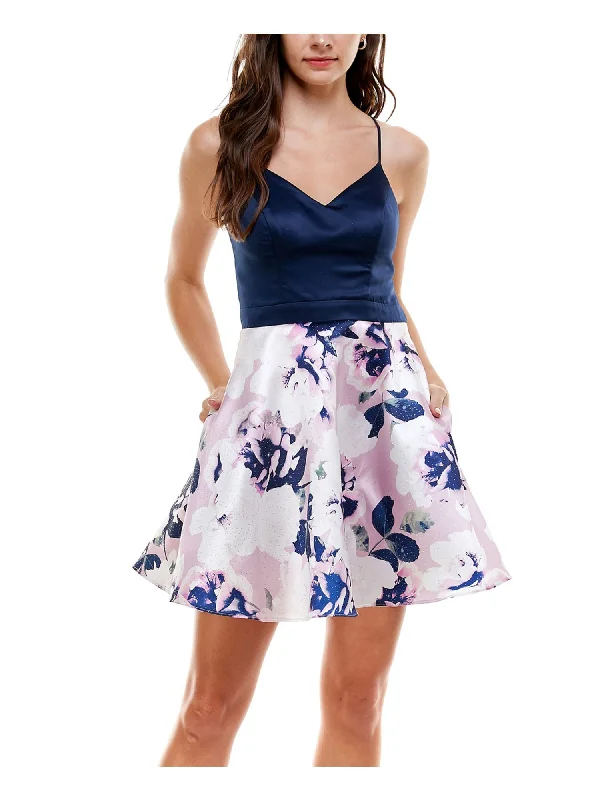 Discount Deals CITY STUDIO Womens Navy Pocketed Zippered Floral Spaghetti Strap V Neck Mini Party Fit + Flare Dress