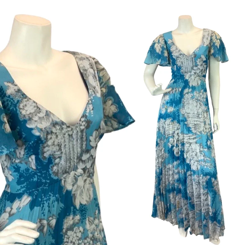 Deal Zone VINTAGE 60s 70s BLUE WHITE FLORAL PLEATED BOHO FOLK PRAIRIE MAXI DRESS 10