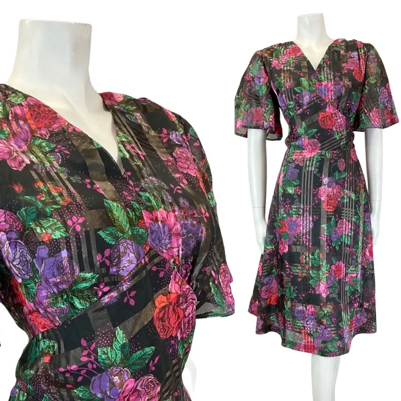 Discount Extravaganza VINTAGE 60s 70s BLACK PINK PURPLE PLAID FLORAL ROSE SHEER SWING TEA DRESS 10 12