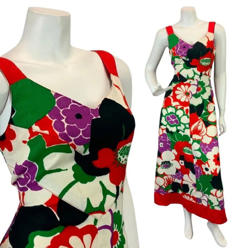YEAR-End Sale VINTAGE 60s 70s WHITE RED GREEN PSYCHEDELIC FLORAL SLEEVELESS MAXI DRESS 10
