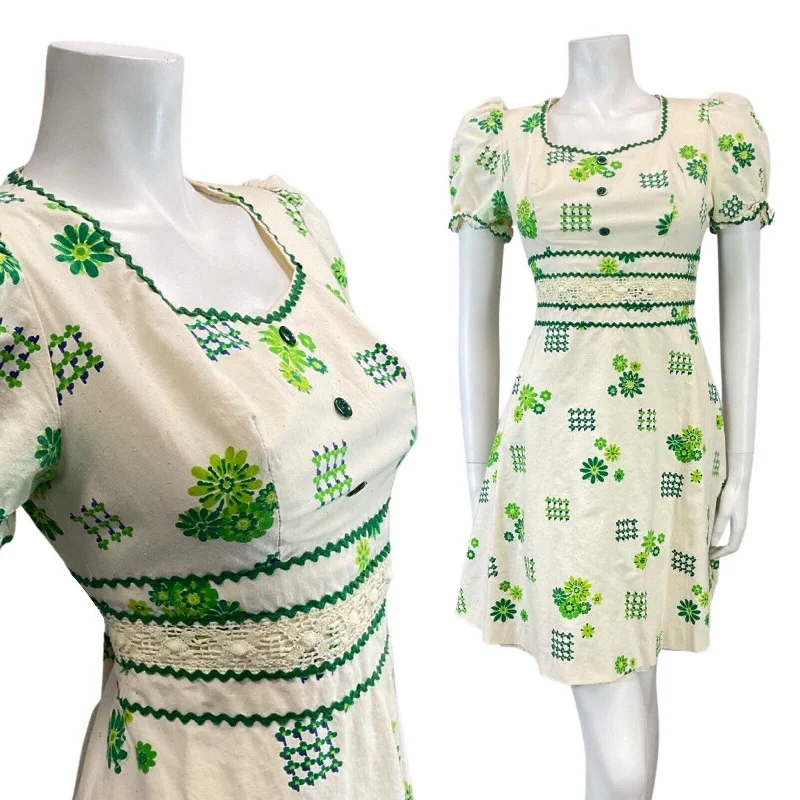 Discount Deals VINTAGE 60s CREAM GREEN BLUE FLORAL RIC-RAC PUFF SLEEVE MOD MINI DRESS 8 10