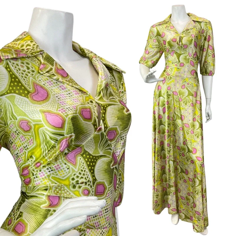 Limited Availability VINTAGE 60s 70s LIME GREEN PINK WHITE PSYCHEDELIC FLORAL COLLAR MAXI DRESS 10