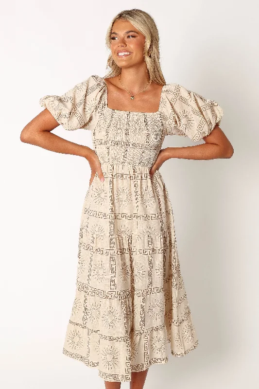 Price Cut Soliel Puff Sleeve Midi Dress - White Tan