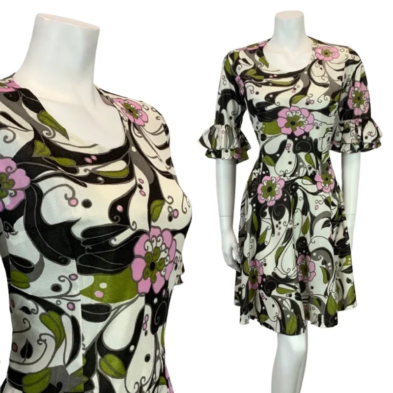 Super Savings VINTAGE 60s 70s PINK GREEN BLACK PSYCHEDELIC MIDI RUFFLE DRESS 12