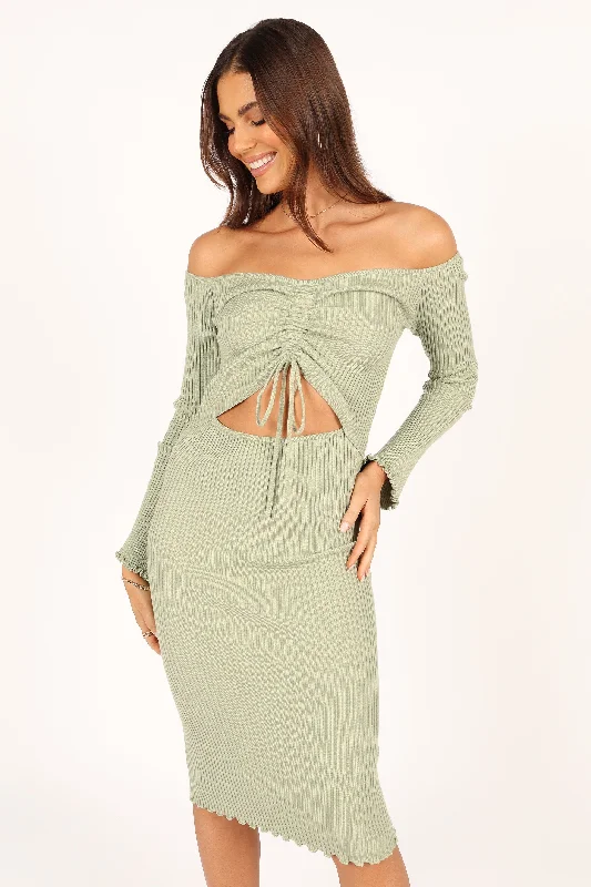 New Arrival Geneva Off Shoulder Midi Dress - Sage