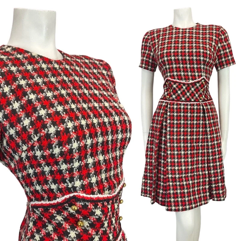 Overstock VINTAGE 60s 70s RED BLACK WHITE PLAID CHECKED MOD MINI WOOL DRESS 12