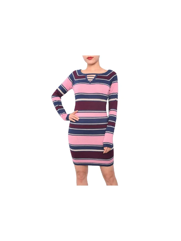 Must-Have Deals PLANET GOLD Womens Striped Long Sleeve Keyhole Above The Knee Body Con Dress
