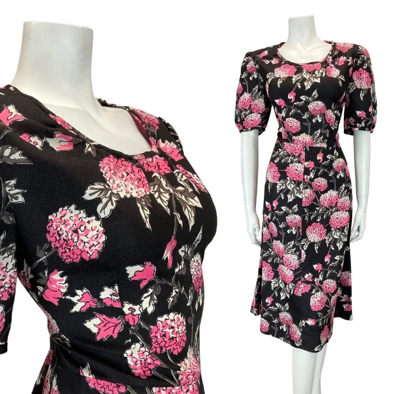 Daily Deals VINTAGE 60s 70s BLACK PINK GREY FLORAL HYDRANGEA MOD KNEE-LENGTH DRESS 12 14