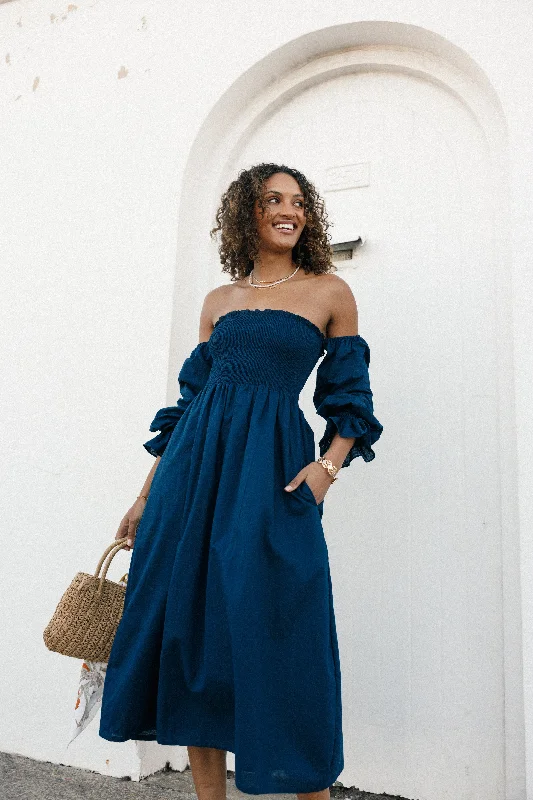 Sale Event Domenica Shirred Long Sleeve Dress - Navy