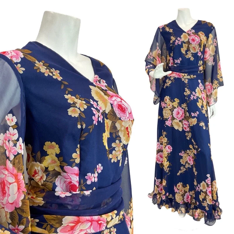 Take Advantage VINTAGE 60s 70s BLUE GOLD PINK FLORAL SHEER ANGEL SLEEVE FOLK BOHO MAXI DRESS 12