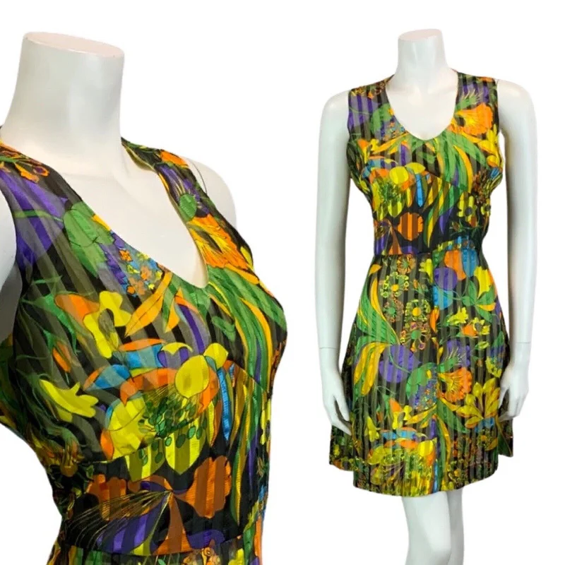 Quick Sale VINTAGE 60s 70s YELLOW GREEN ORANGE FLORAL PRINT MINI DRESS 12