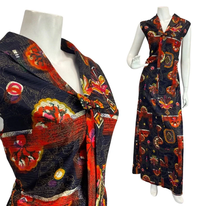 Massive Deals VINTAGE 60s 70s BLUE GOLD PINK PSYCHEDELIC FLORAL PAISLEY MOD MAXI DRESS 12