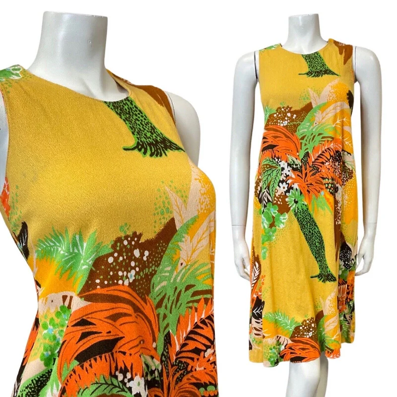 Discount Days VINTAGE 70s YELLOW ORANGE GREEN PALM LEAF TROPICAL SLEEVELESS FLARED DRESS 8 10