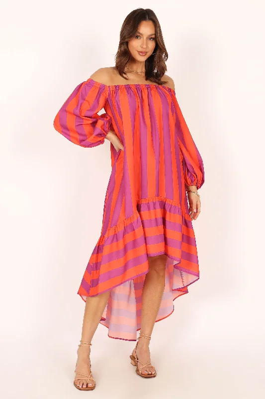 Friends and Family Sale Alysa Off Shoulder Midi Dress - Coral Stripe