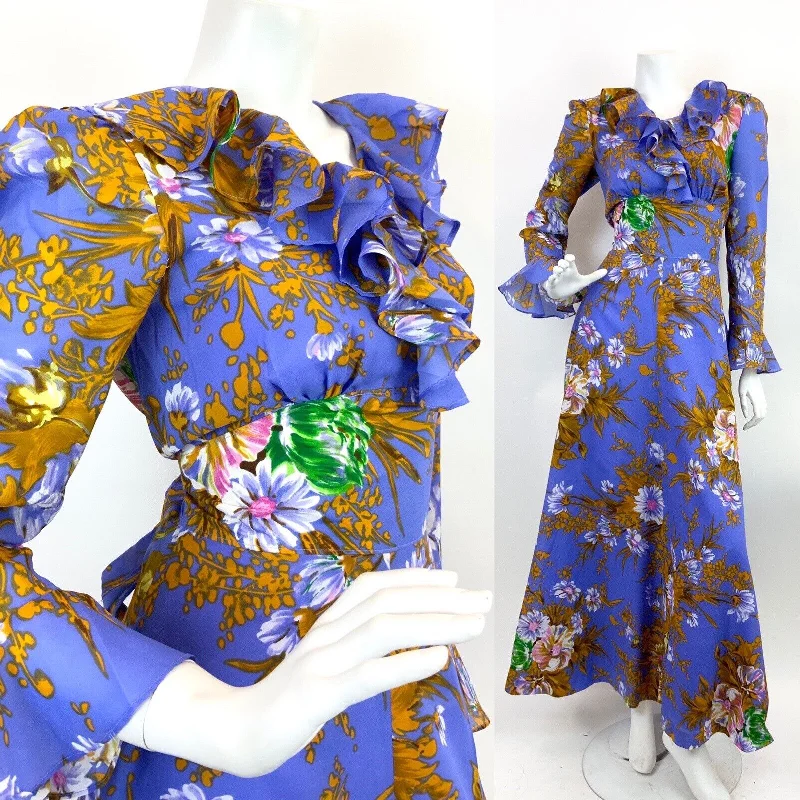 Price Drop VINTAGE 60s 70s PURPLE GOLD WHITE FLORAL RUFFLED SHEER FLOATY MAXI DRESS 10 12