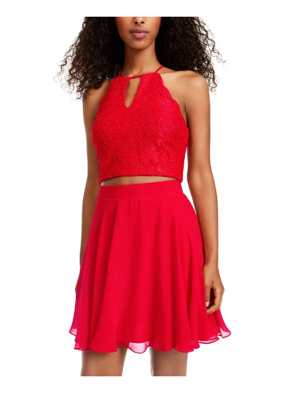 New Deals CITY STUDIO Womens Red Embroidered Lace Floral Sleeveless Keyhole Short Cocktail Fit + Flare Dress