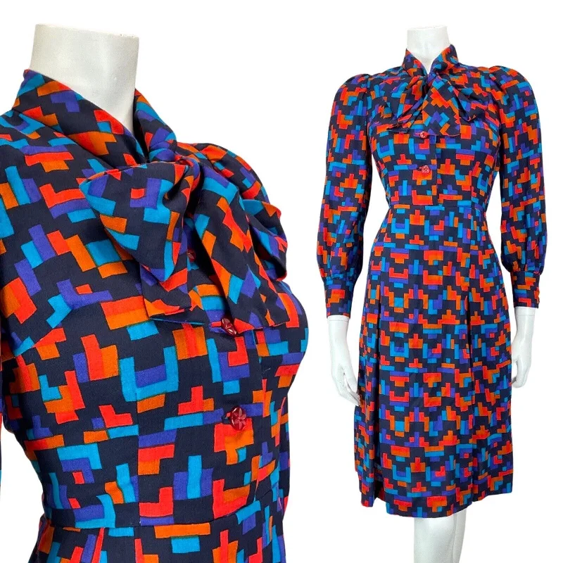 Limited Time Discount VINTAGE 60s 70s BLUE RED ORANGE GEOMETRIC PIXEL ZIG-ZAG PUSSYBOW MOD DRESS 8