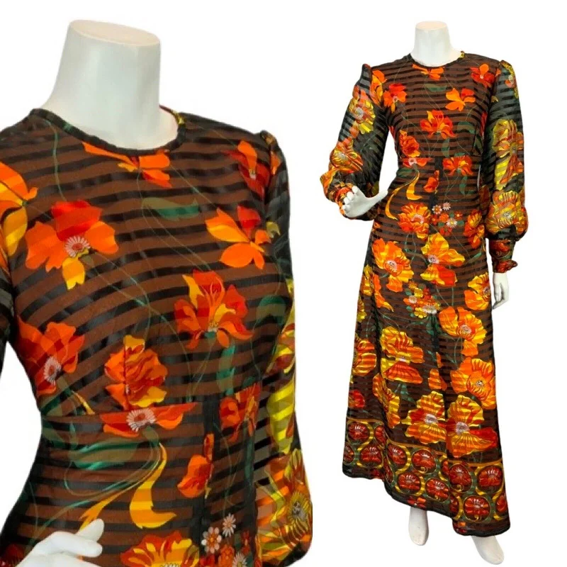 Don't Wait VINTAGE 60s 70s BLACK ORANGE RED SHEER STRIPED FLORAL MOD PSYCH MAXI DRESS 10