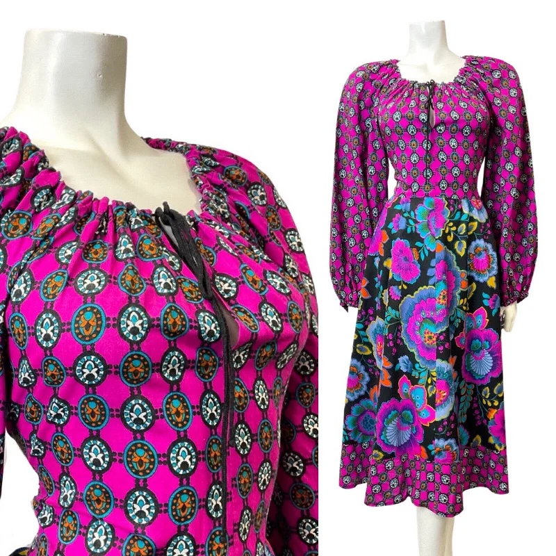 Can't Be Beat VINTAGE 60s 70s PURPLE BLACK BLUE PSYCHEDELIC FLORAL BOHO PRAIRIE MIDI DRESS 12 Can't Be Beat VINTAGE 60s 70s PURPLE BLACK BLUE PSYCHEDELIC FLORAL BOHO PRAIRIE MIDI DRESS 12