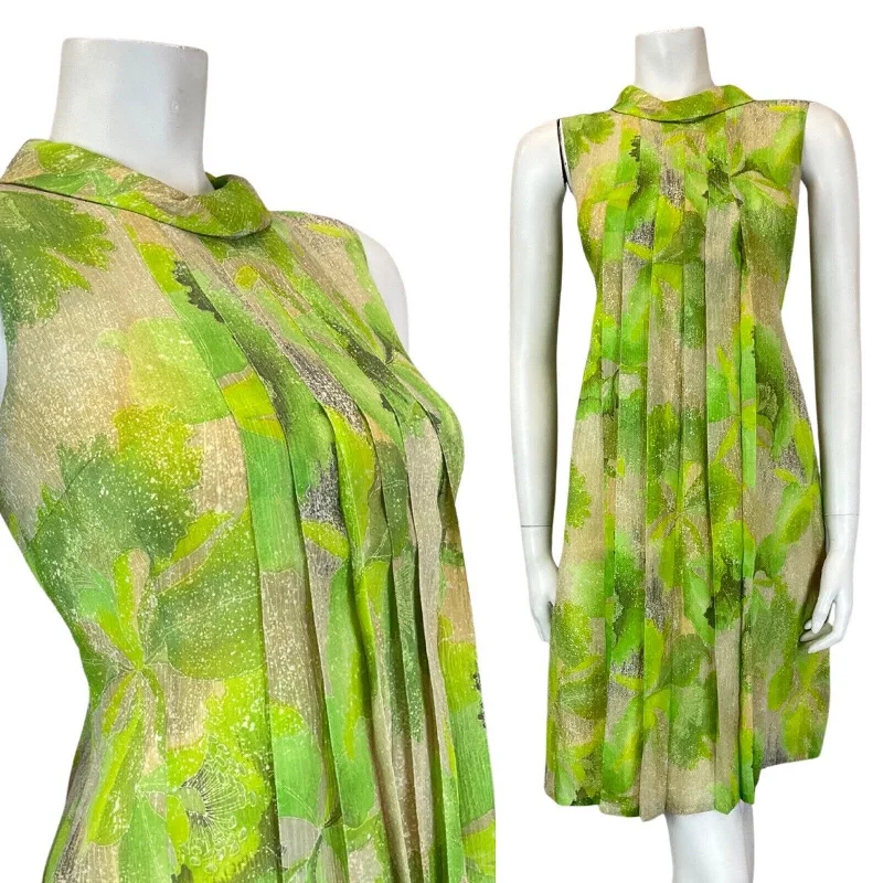 New Deals VINTAGE 60s 70s LIME BEIGE PSYCHEDELIC FLORAL PLEATED MOD TENT A-LINE DRESS 8