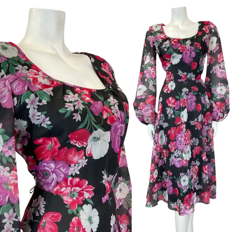 Take Advantage VINTAGE 60s 70s BLACK PINK PURPLE FLORAL SHEER FLOATY MIDI SWING DRESS 10