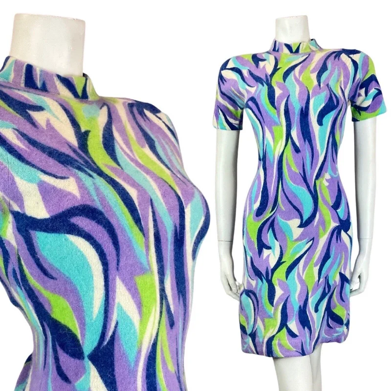 TIME-Limited Offer VINTAGE 60s 70s PURPLE GREEN BLUE PSYCHEDELIC SWIRL ANGORA WOOL MOD MINI DRESS 8