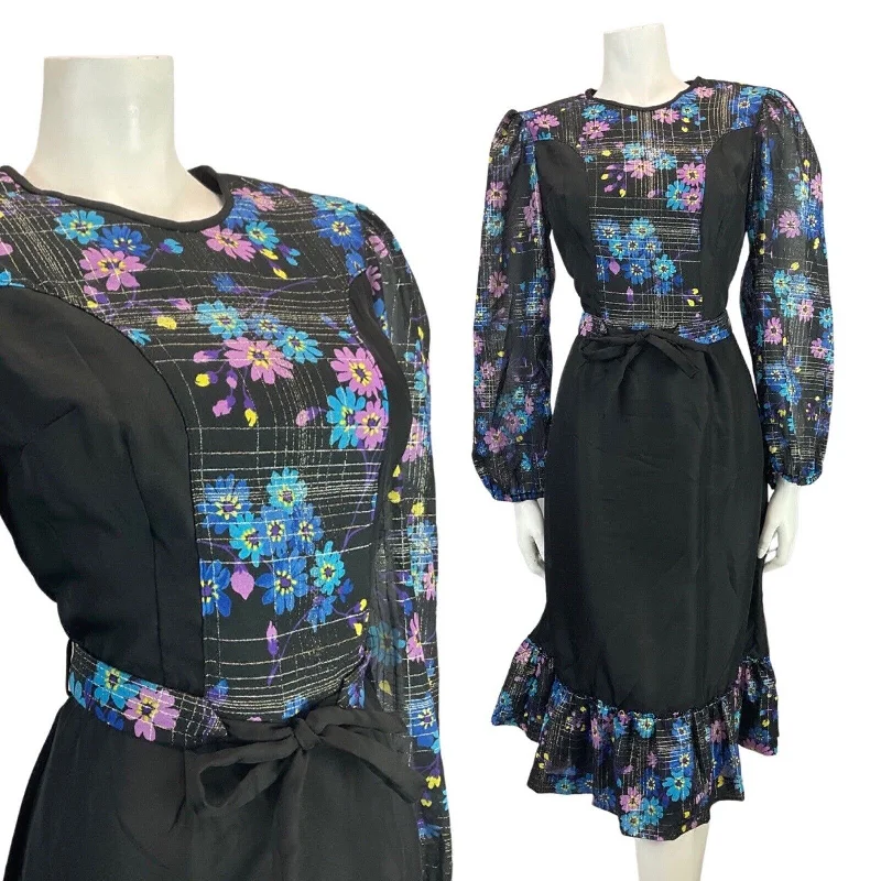 Reduced Prices VINTAGE 60s 70s BLACK BLUE PINK DAISY FLOWER GRID SHEER BOHO MIDI DRESS 10