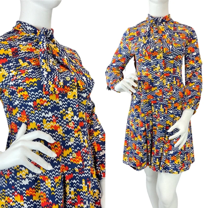 Limited Time Offer VINTAGE 60s 70s BLUE WHITE YELLOW CHEVRON ZIG-ZAG PUSSYBOW MOD DRESS 14 16