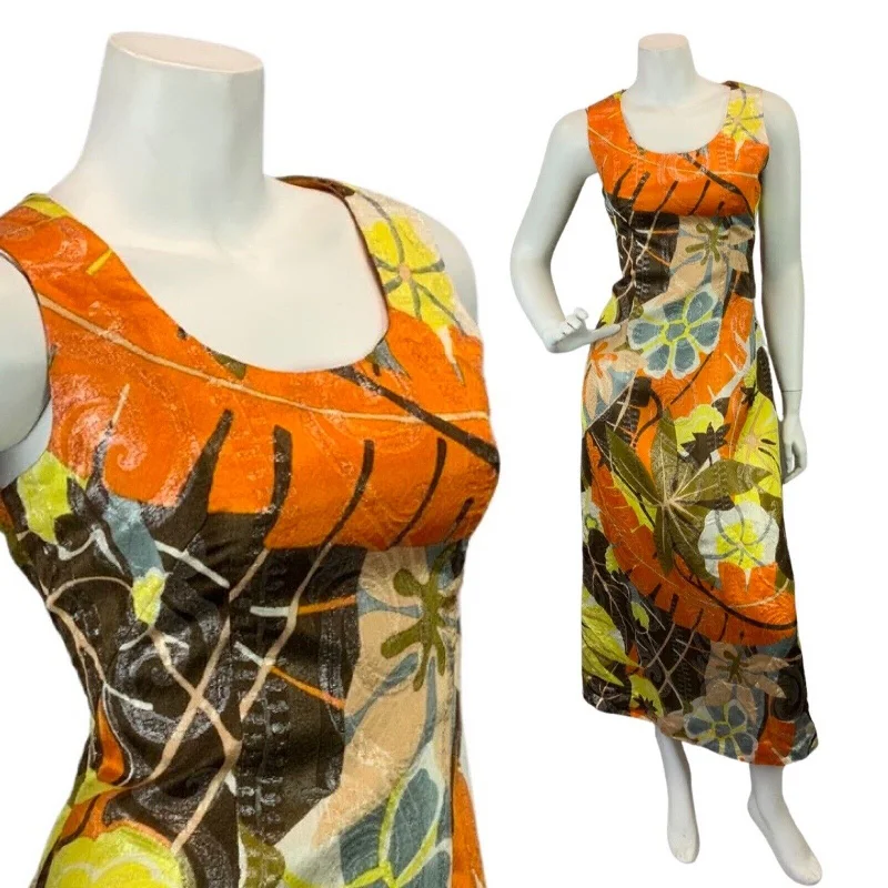 Act Fast VINTAGE 60s 70s BROWN ORANGE YELLOW PSYCHEDELIC FLORAL LUREX MOD MAXI DRESS 10