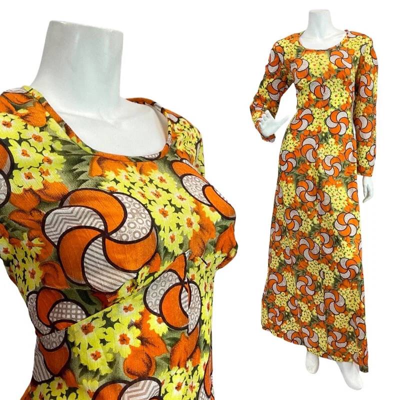 Crazy Deals VINTAGE 60s 70s ORANGE YELLOW GREEN PSYCHEDELIC FLORAL SPIRAL MOD MAXI DRESS 12