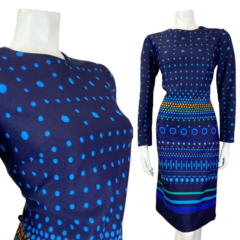 Price Cut VINTAGE 60s 70s BLUE YELLOW DOTTY GEOMETRIC STRIPED LONGSLEEVE MIDI MOD DRESS 14