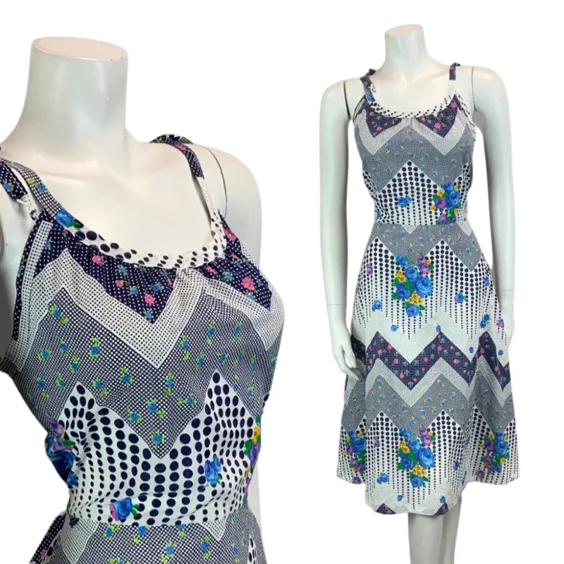 Unbeatable Prices VINTAGE 60s 70s WHITE NAVY BLUE POLKA DOT FLORAL SUMMER  DRESS 12