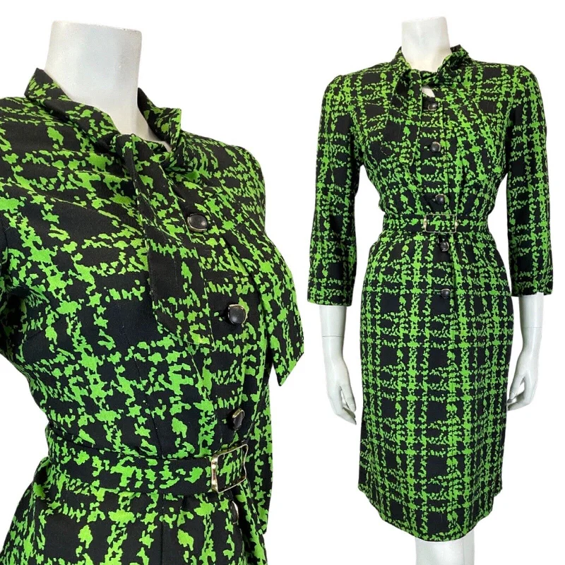 Seasonal Clearance VINTAGE 60s 90s GREEN BLACK PLAID CHECKED PUSSYBOW BELTED MOD DRESS 16