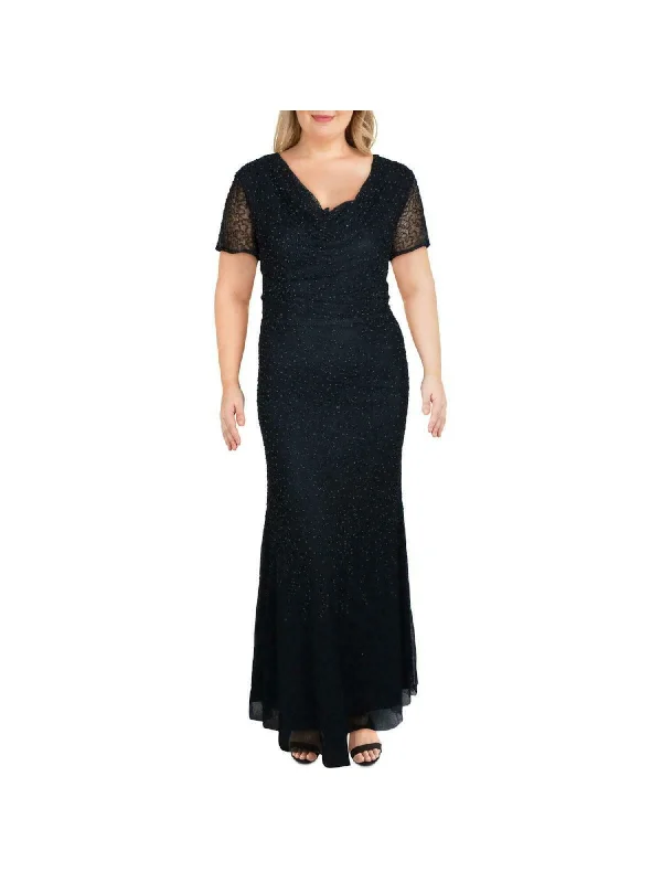 Unmissable Offer JS COLLECTION Womens Navy Beaded Zippered Short Sleeve Cowl Neck Full-Length Evening Sheath Dress