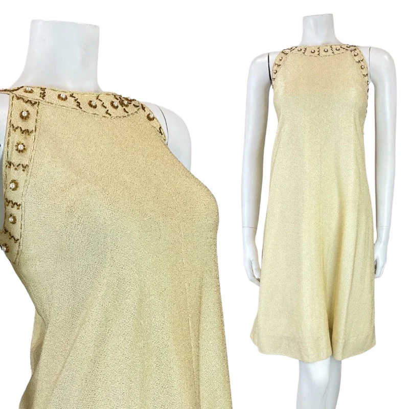 Final Markdown VINTAGE 60s 70s GOLD BEADED MOD DISCO STUDIO 54 PARTY SLEEVELESS SHIFT DRESS 10