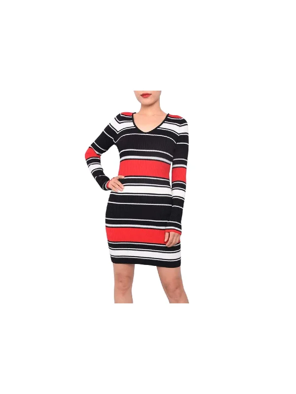 Blowout Deals PLANET GOLD Womens Glitter Striped Long Sleeve V Neck Short Body Con Dress